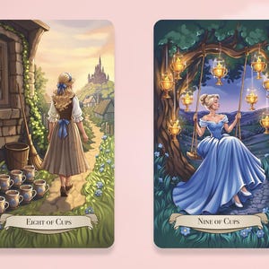 Puede incluir: Dos cartas de tarot rectangulares con ilustraciones. La carta de la izquierda, etiquetada como Eight of Cups, muestra a una persona alejándose de ocho copas apiladas hacia un castillo lejano. La carta de la derecha, Nine of Cups, muestra a una persona con un vestido azul en un columpio.