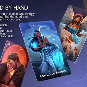 May include: A tarot card deck with detailed illustrations. The cards show images of a woman with blue hair, an angel, and a couple. The text "CRAFTED BY HAND" is displayed, along with other text.