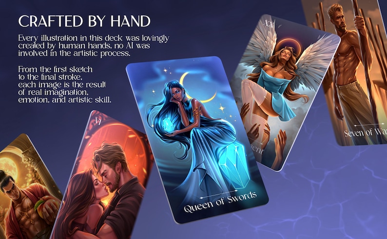 May include: A tarot card deck with detailed illustrations. The cards show images of a woman with blue hair, an angel, and a couple. The text "CRAFTED BY HAND" is displayed, along with other text.