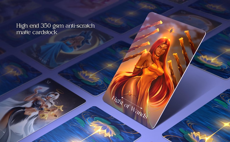 May include: A tarot card titled Eight of Wands featuring a figure with long red hair in a golden dress surrounded by floating wands. The card is made of high end 350 gsm anti-scratch matte cardstock and is displayed among other tarot cards.