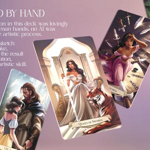 May include: A deck of tarot cards with illustrations of fantasy characters. The cards feature images of women, a tiger, and swords. The text "CRAFTED BY HAND" is visible, along with other text.