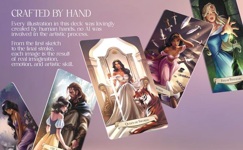 May include: A deck of tarot cards with illustrations of fantasy characters. The cards feature images of women, a tiger, and swords. The text "CRAFTED BY HAND" is visible, along with other text.
