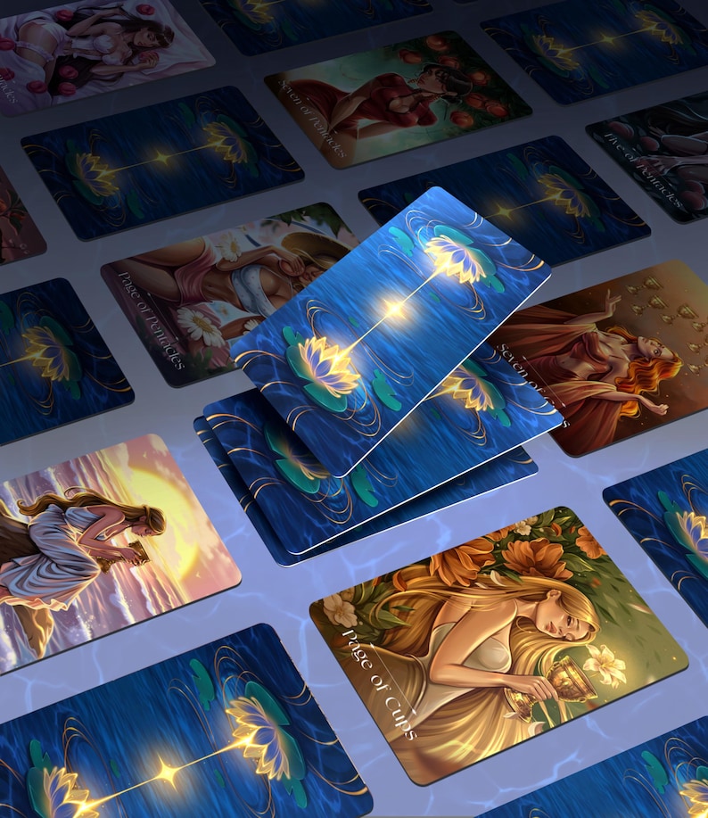 May include: A selection of tarot cards with detailed illustrations. The cards depict women, water lilies, and celestial themes. The dominant colours are blue, gold, and white. Some cards display text, such as "Page of Cups" and "Star of Pentacles."