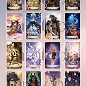 May include: A collection of 22 tarot cards titled The Ever After Spell Tarot Major Arcana, featuring illustrated scenes inspired by fairy tales. Each card displays a unique character or symbol, including The Fool, The Magician, and The World, with text labels identifying each card.