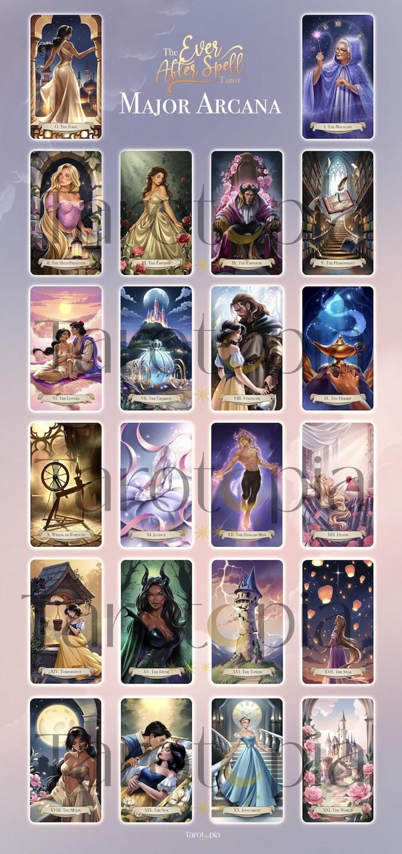 May include: A collection of 22 tarot cards titled The Ever After Spell Tarot Major Arcana, featuring illustrated scenes inspired by fairy tales. Each card displays a unique character or symbol, including The Fool, The Magician, and The World, with text labels identifying each card.