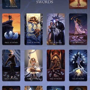 May include: A tarot card deck featuring the Minor Arcana Swords suit. Each card has a unique illustration with titles such as "Ace of Swords," "Two of Swords," and "King of Swords." The artwork has a fantasy theme with a dark blue background.