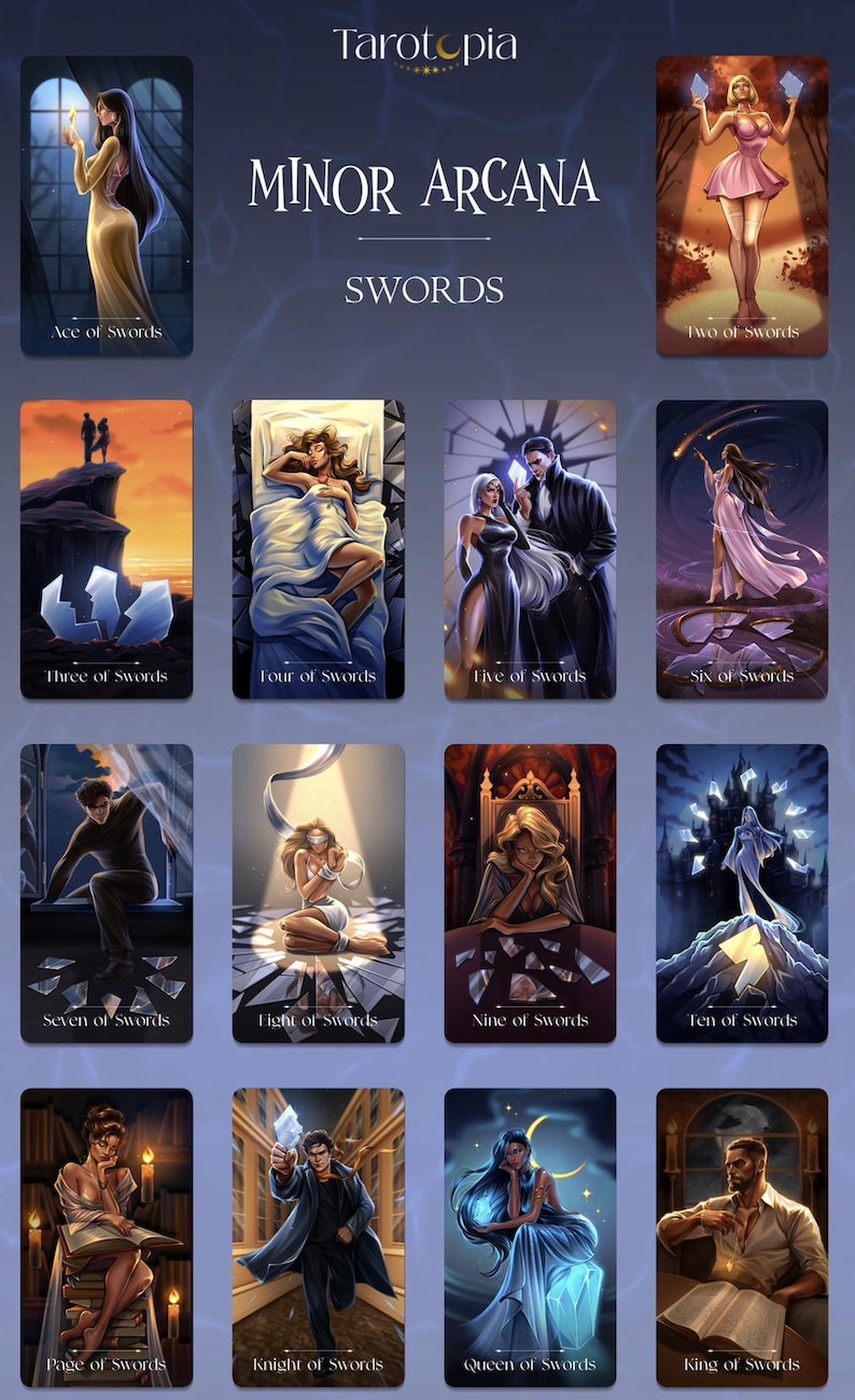 May include: A tarot card deck featuring the Minor Arcana Swords suit. Each card has a unique illustration with titles such as "Ace of Swords," "Two of Swords," and "King of Swords." The artwork has a fantasy theme with a dark blue background.