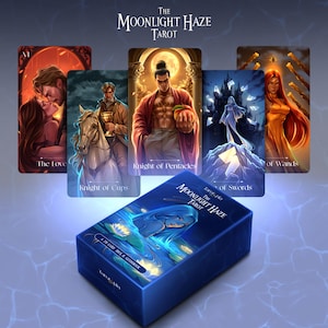 May include: The Moonlight Haze Tarot deck box in deep blue features an illustration of a figure in water. Five tarot cards are displayed above: The Lovers, Knight of Cups, Knight of Pentacles, Queen of Swords, and Queen of Wands.