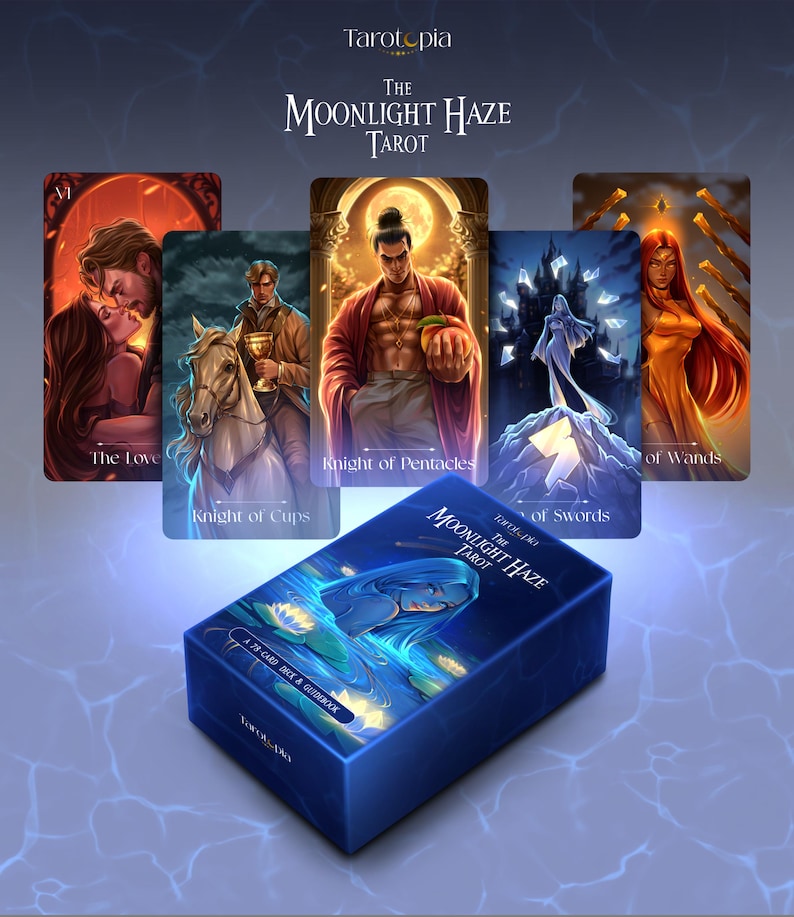 May include: The Moonlight Haze Tarot deck box in deep blue features an illustration of a figure in water. Five tarot cards are displayed above: The Lovers, Knight of Cups, Knight of Pentacles, Queen of Swords, and Queen of Wands.