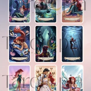 May include: A tarot card deck featuring illustrations of Ariel from The Little Mermaid. The cards are labeled with titles such as "Ace of Cups," "Two of Cups," and "King of Cups." The deck is titled "The Ever After Spell Tarot Cups."