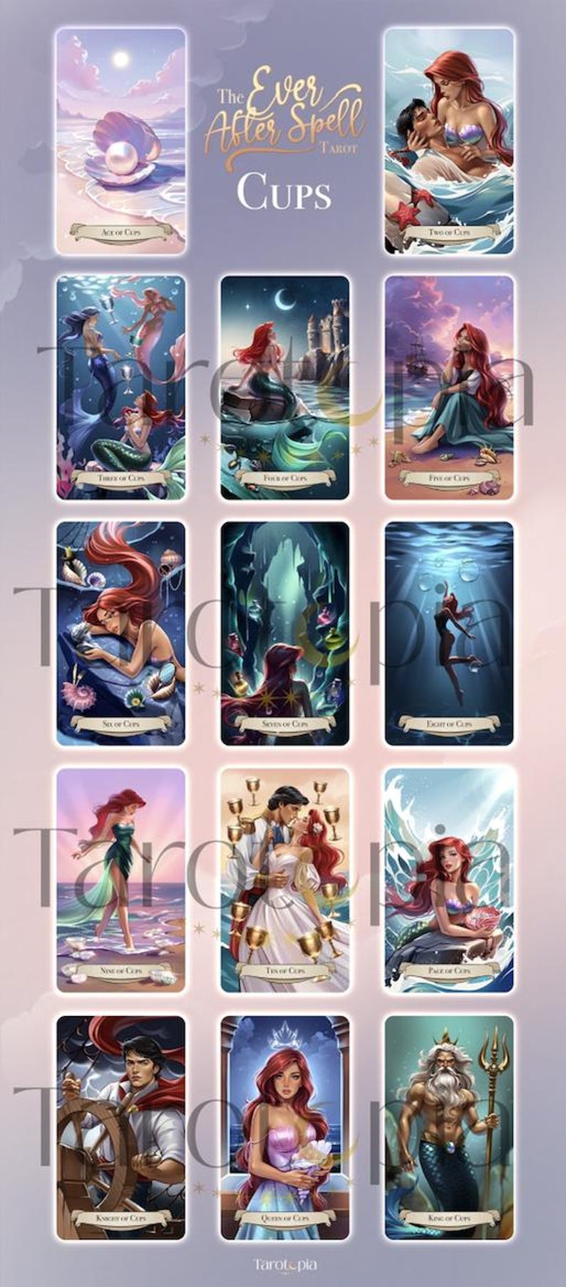 May include: A tarot card deck featuring illustrations of Ariel from The Little Mermaid. The cards are labeled with titles such as "Ace of Cups," "Two of Cups," and "King of Cups." The deck is titled "The Ever After Spell Tarot Cups."