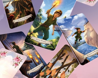 May include: A collection of tarot cards featuring illustrations of a young boy in green clothing, holding wands and interacting with other characters. The cards include titles such as "Seven of Wands," "Ace of Wands," and "Knight of Wands."