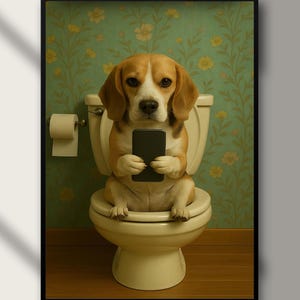 Funny Beagle Bathroom Wall Art – Dog on Toilet with Phone – Humorous Beagle Print – Quirky Pet Bathroom Decor – Beagle Poster Digital Print