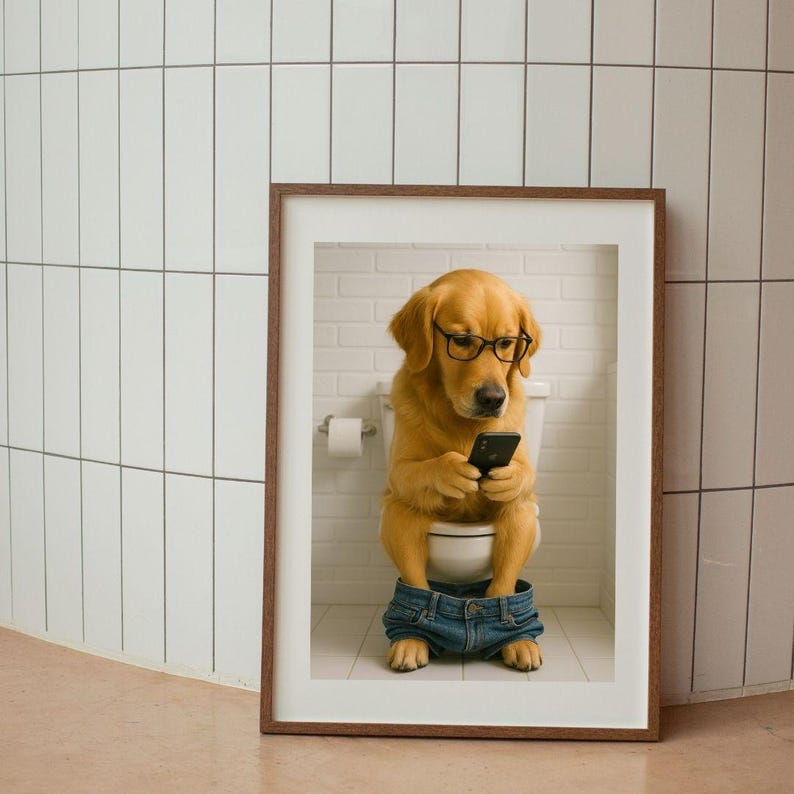 May include: Framed print featuring a Golden Retriever wearing glasses and jeans, sitting on a toilet while looking at a smartphone. The dog is in a bathroom setting with a white brick wall and a roll of toilet paper.