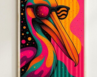 Impresión retro de pelícano neón: póster de pájaro pop art peculiar (descarga digital, 5 tamaños JPG)