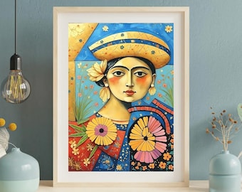 May include: A framed digital art print featuring a stylized portrait of a woman. The artwork showcases vibrant colors, including blue, yellow, and red, with floral and geometric patterns. The text "Digital Download" is at the bottom of the frame.