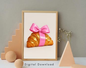 Croissant Print: Rosa Schleife Französisches Gebäck Küchenkunst (Digitaler Download)