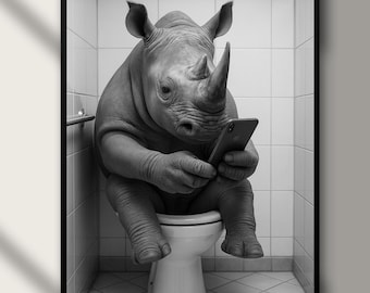Art de rhinocéros sur la toilette, affiche drôle de salle de bains, impression animalière (téléchargement numérique)