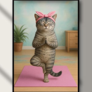 May include: A framed print featuring a tabby cat in a yoga pose, balancing on one leg with hands in prayer. The cat wears a pink headband and stands on a pink yoga mat. The words "Digital Download" are at the bottom.