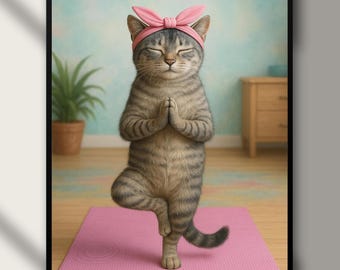 Funny Cat Yoga Wall Art – Tree Pose Tabby Cat Print – Pet Meditation Decor – Pink Mat Nursery or Yoga Studio Poster – Digital Download