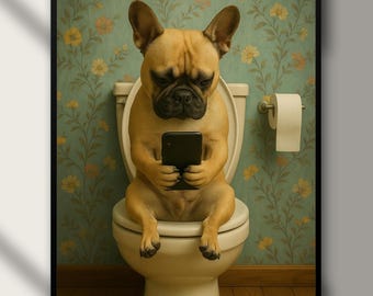May include: A framed digital print featuring a French Bulldog sitting on a toilet, engrossed in a smartphone. The dog is tan with a black muzzle, set against a floral wallpaper background. The print includes the text "Digital Download".
