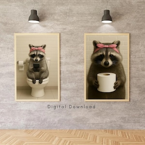 Funny Raccoon Bathroom Wall Art Set of 2, Cute Raccoon with Toilet Paper & on Toilet, Quirky Digital Download Bathroom Decor, Digital Print