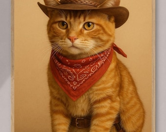 Cowboykatt-affisch: Roligt västerländskt djurtryck (digital nedladdning)