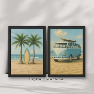 Beach Surf Wall Art Set of 2 – Coastal Nursery Decor, Surfboard & Van Poster, Summer Ocean Wall Prints, 12x16 Boho Beach Room Art