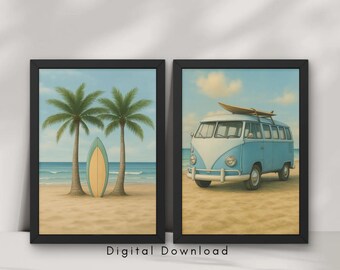 Set de 2 impresiones de arte surfero de playa: impresiones costeras bohemias, tabla de surf y furgoneta (descarga digital)