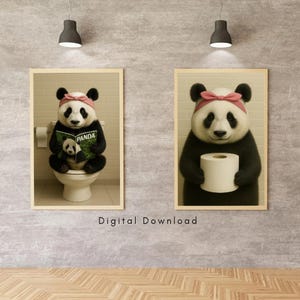 Funny Panda Bathroom Wall Art Set of 2, Bathroom Poster, Cute Animal Digital Prints for Toilet Decor - Panda Posters - Digital Download