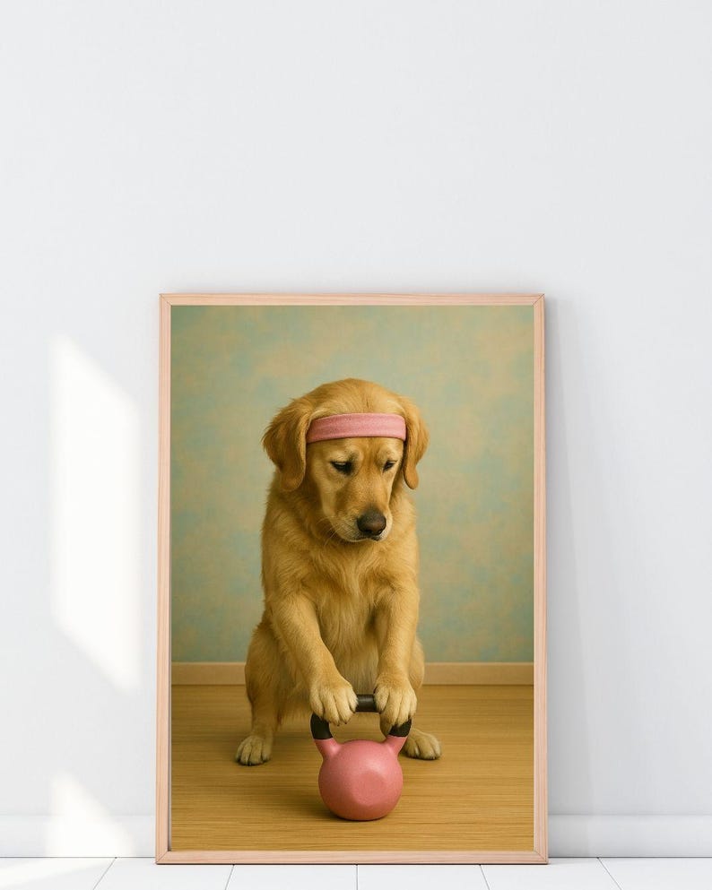 May include: A framed print showing a golden retriever wearing a pink headband, lifting a pink kettlebell. The dog is on a wooden floor, with a light blue and green wall behind. The print is in a light brown frame.