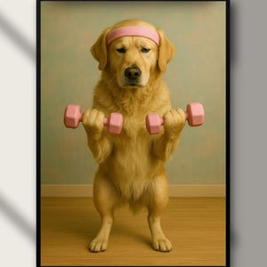 May include: A framed print showing a golden retriever wearing a pink headband and lifting two pink dumbbells. The dog is standing upright, as if exercising. The words "Digital Download" are at the bottom of the frame.