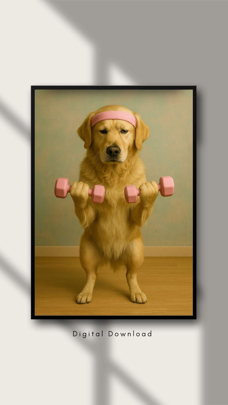 May include: A framed print showing a golden retriever wearing a pink headband and lifting two pink dumbbells. The dog is standing upright, as if exercising. The words "Digital Download" are at the bottom of the frame.