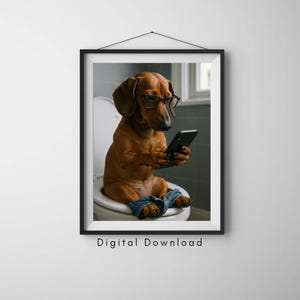 Funny Dog Bathroom Poster - Dog on Toilet with Phone & Glasses - Hilarious Pet Wall Art for Restroom Decor - Digital Download Prints