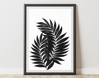 Art mural feuille de palmier | Impression botanique noir et blanc, impression botanique minimale