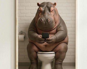 Hippo Bathroom Wall Art : Humorous Toilet Print, Funny Hippo Poster (Digital download)