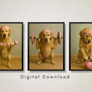 May include: Three framed prints showing a golden retriever exercising. The dog is lifting pink dumbbells, a barbell, and a kettlebell, wearing a pink headband. The text "Digital Download" is at the bottom of the image.