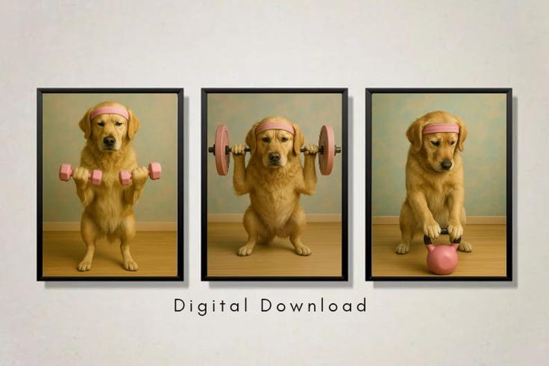 May include: Three framed prints showing a golden retriever exercising. The dog is lifting pink dumbbells, a barbell, and a kettlebell, wearing a pink headband. The text "Digital Download" is at the bottom of the image.