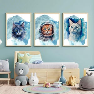 Watercolor Space Cat Nursery Print Set (Digital Files)