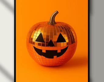 Stampa di zucca con palla da discoteca: arte murale retrò di Halloween (download digitale)