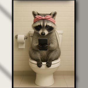 Funny Raccoon on Toilet Bathroom Wall Art, Bathroom Poster, Cute Animal with Phone Digital Print – Quirky Bathroom Decor Downloadable Poster