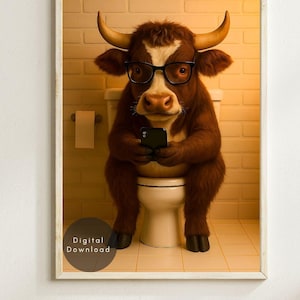 Funny Cow Bathroom Poster - Hilarious Cow on Toilet Wall Art - Quirky Farm Animal Printable - Digital Download Bathroom Decor
