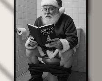Arte de pared para baño de Papá Noel, póster divertido para inodoro, decoración navideña, impresión en blanco y negro