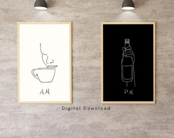 Minimalistyczny zestaw grafik „Kawa i wino”: nowoczesna dekoracja do barku kuchennego (do pobrania w wersji cyfrowej)
