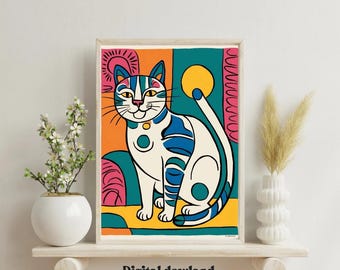 Impression chat pop art coloré : oeuvre d'art murale fantaisiste (téléchargement numérique)
