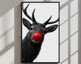 May include: Framed monochrome print of a reindeer with a vibrant red nose. The reindeer's antlers are dark, and the fur is a mix of black and grey. The text "DIGITAL DOWNLOAD" is at the bottom of the image.