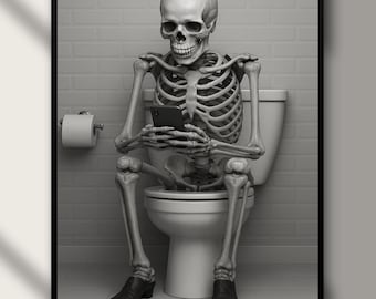 Funny Skeleton on Toilet Print: Halloween Bathroom Decor | Halloween Digital Wall Art