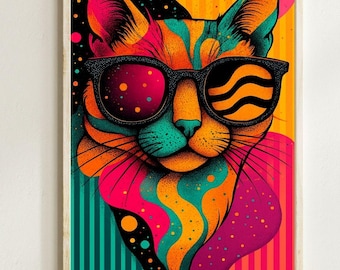 Retro Neon Cat Poster: Funky Pop Art Print (Digital Download