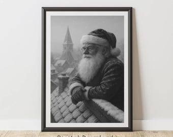 Vintage Weihnachtsmann Wandkunst, Schwarzweiß-Weihnachtsdruck, Weihnachtsdekor-Plakat