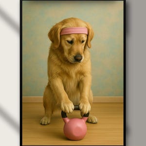 May include: A framed digital print showing a golden retriever wearing a pink headband, lifting a pink kettlebell. The dog is on a wooden floor with a light blue and green background. The text "Digital Download" is at the bottom.
